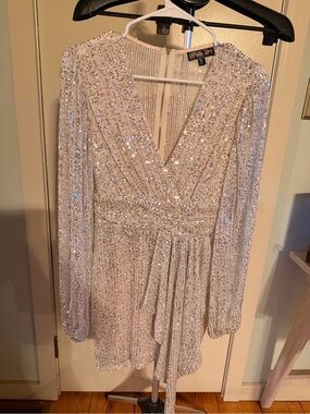 Sequined V-Neck Long Sleeve Mini Dress - Silver
